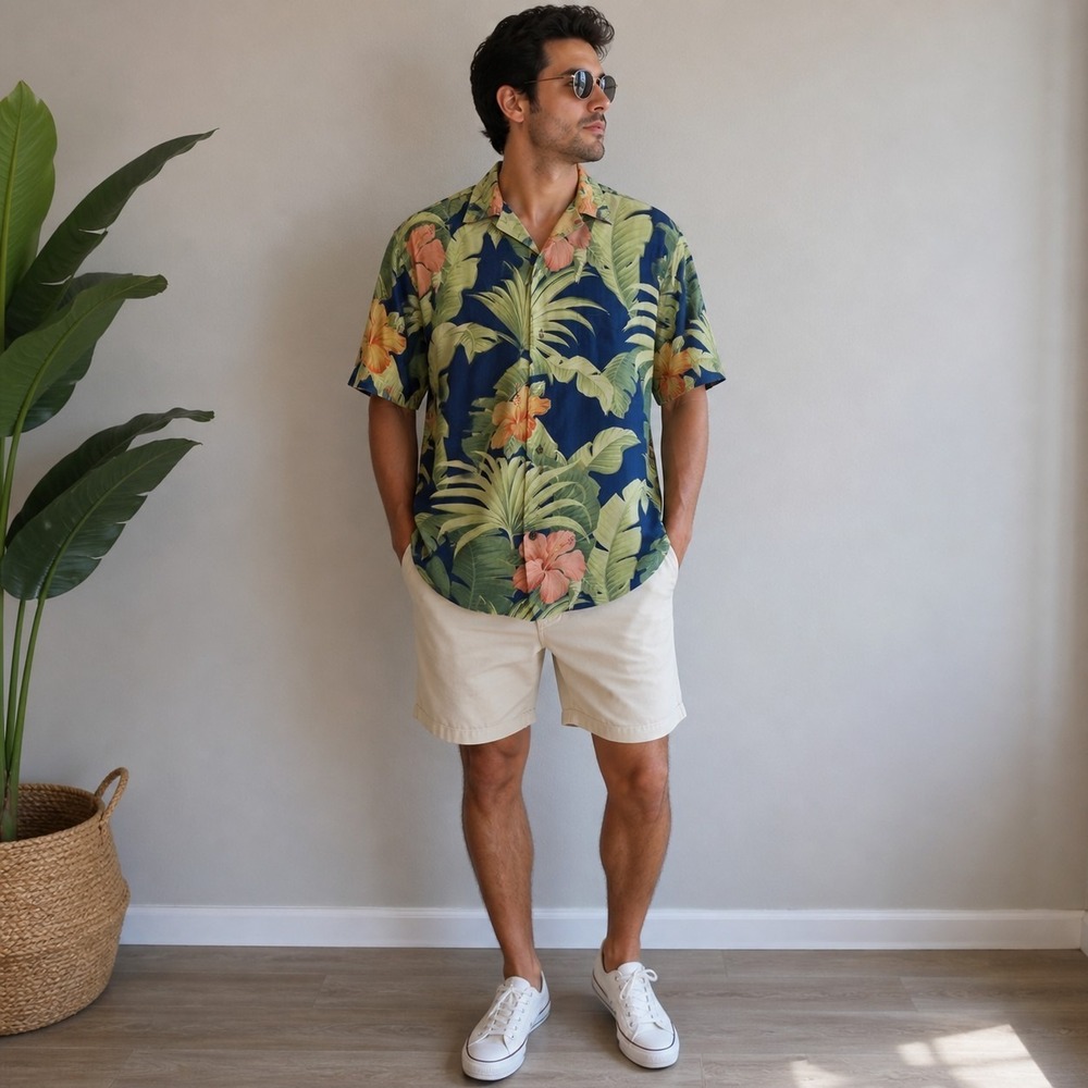 Tommy‎ Bahama Silk Hawaiian Shirt Men L Blue Floral Tropical Camp